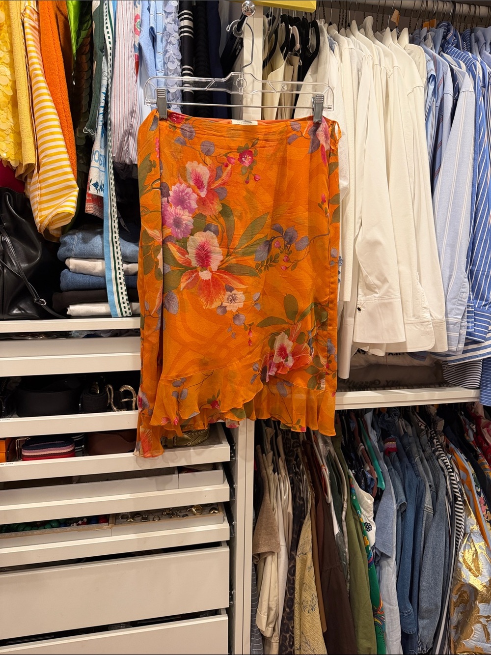 Neiman Marcus Silk Floral Orange Ruffled Midi Skirt